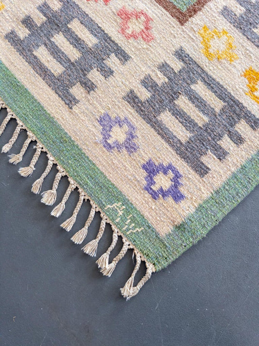 Swedish Flat-Weave Rug by Anna Wengholm, 1950s – Handwoven Rölakan in Green and