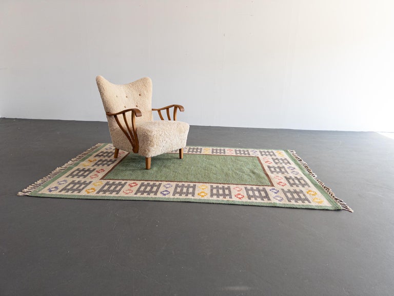 Swedish Flat-Weave Rug by Anna Wengholm, 1950s – Handwoven Rölakan in Green and