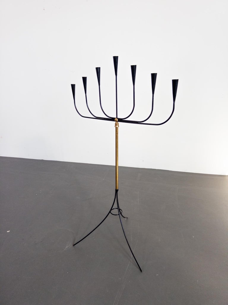 Swedish Floor Candelabra for Seven Candles, Wrought Iron & Brass, 1950s