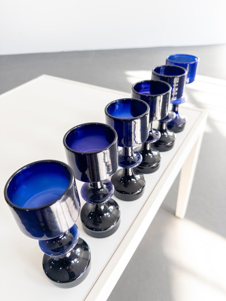 Set of Six Sculptural Blue Glass Vases by Kaj Franck, Nuutajärvi Notsjö, Finland