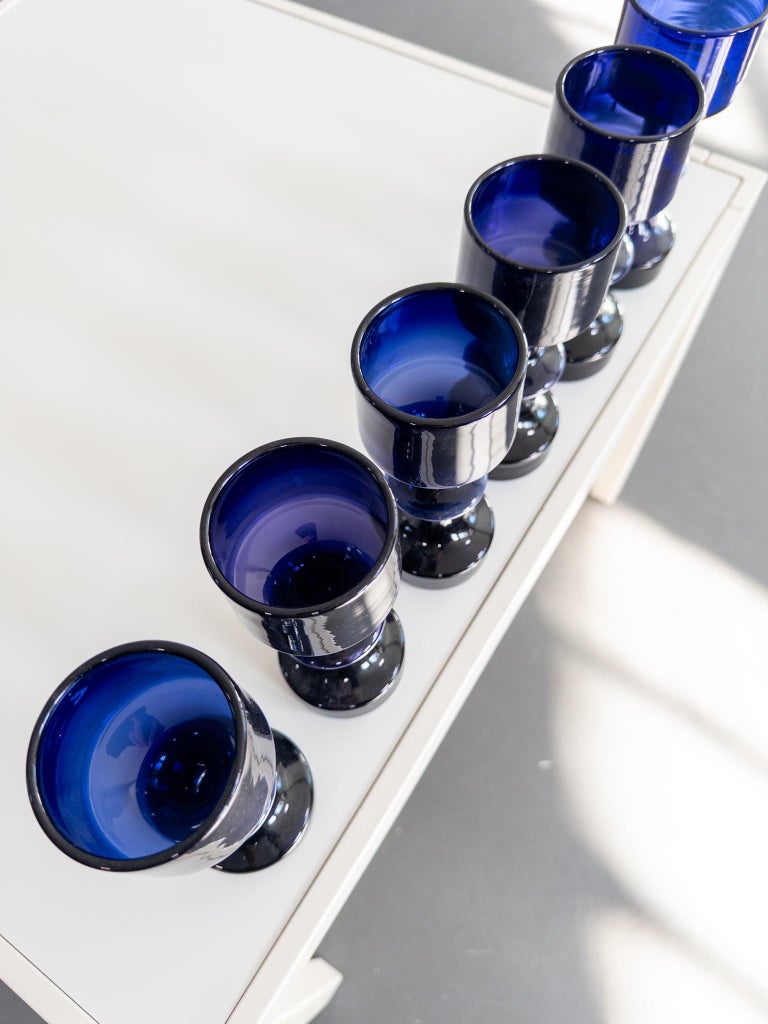 Set of Six Sculptural Blue Glass Vases by Kaj Franck, Nuutajärvi Notsjö, Finland