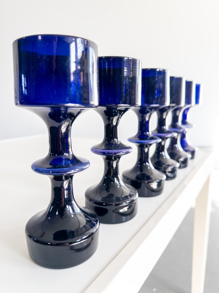 Set of Six Sculptural Blue Glass Vases by Kaj Franck, Nuutajärvi Notsjö, Finland
