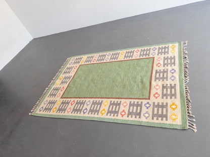 Swedish Flat-Weave Rug by Anna Wengholm, 1950s – Handwoven Rölakan in Green and