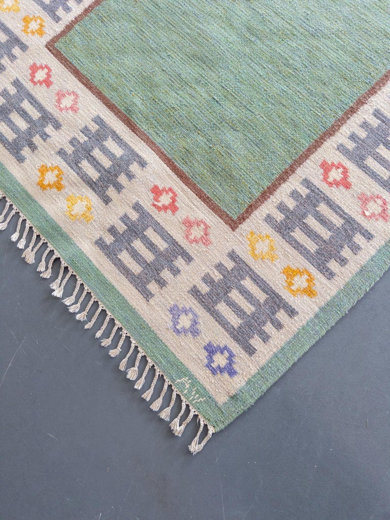 Swedish Flat-Weave Rug by Anna Wengholm, 1950s – Handwoven Rölakan in Green and