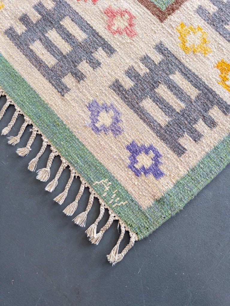 Swedish Flat-Weave Rug by Anna Wengholm, 1950s – Handwoven Rölakan in Green and