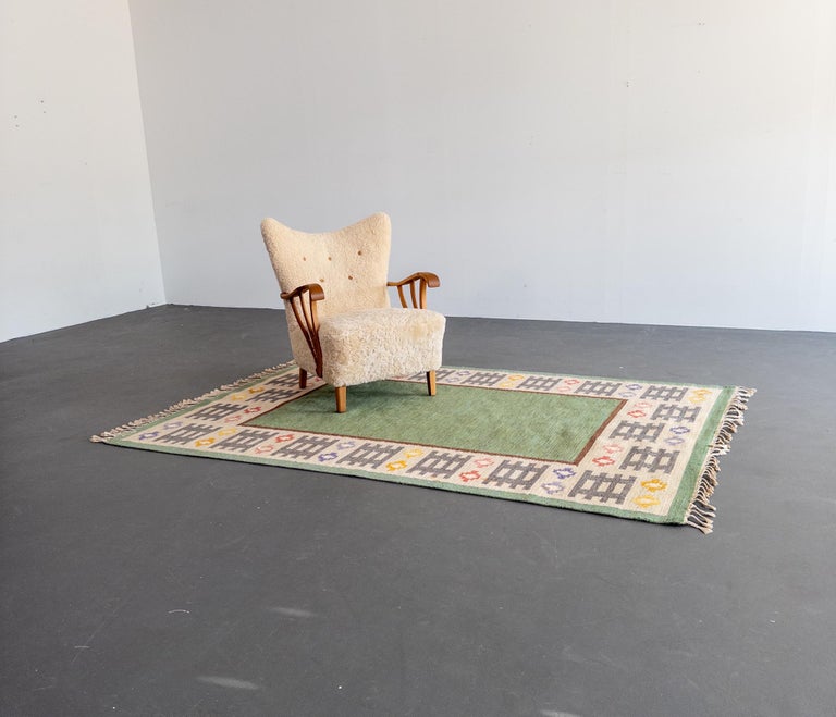 Swedish Flat-Weave Rug by Anna Wengholm, 1950s – Handwoven Rölakan in Green and
