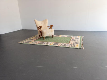 Swedish Flat-Weave Rug by Anna Wengholm, 1950s – Handwoven Rölakan in Green and