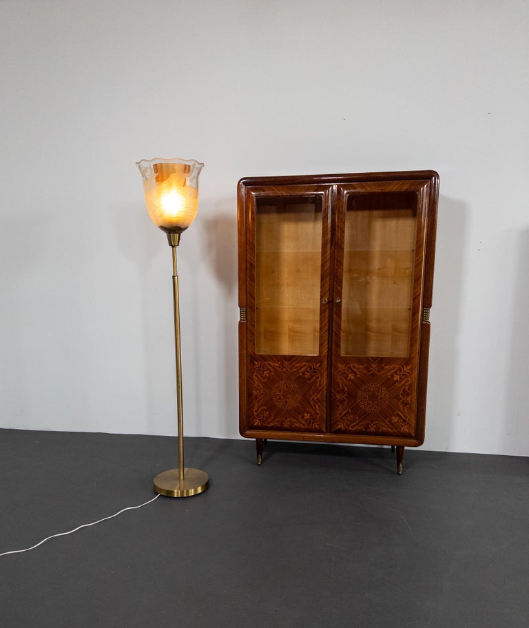 Bo Notini for Glössner – Etched Glass and Brass Floor Lamp, Sweden, c. 1940s