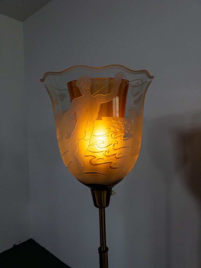 Bo Notini for Glössner – Etched Glass and Brass Floor Lamp, Sweden, c. 1940s