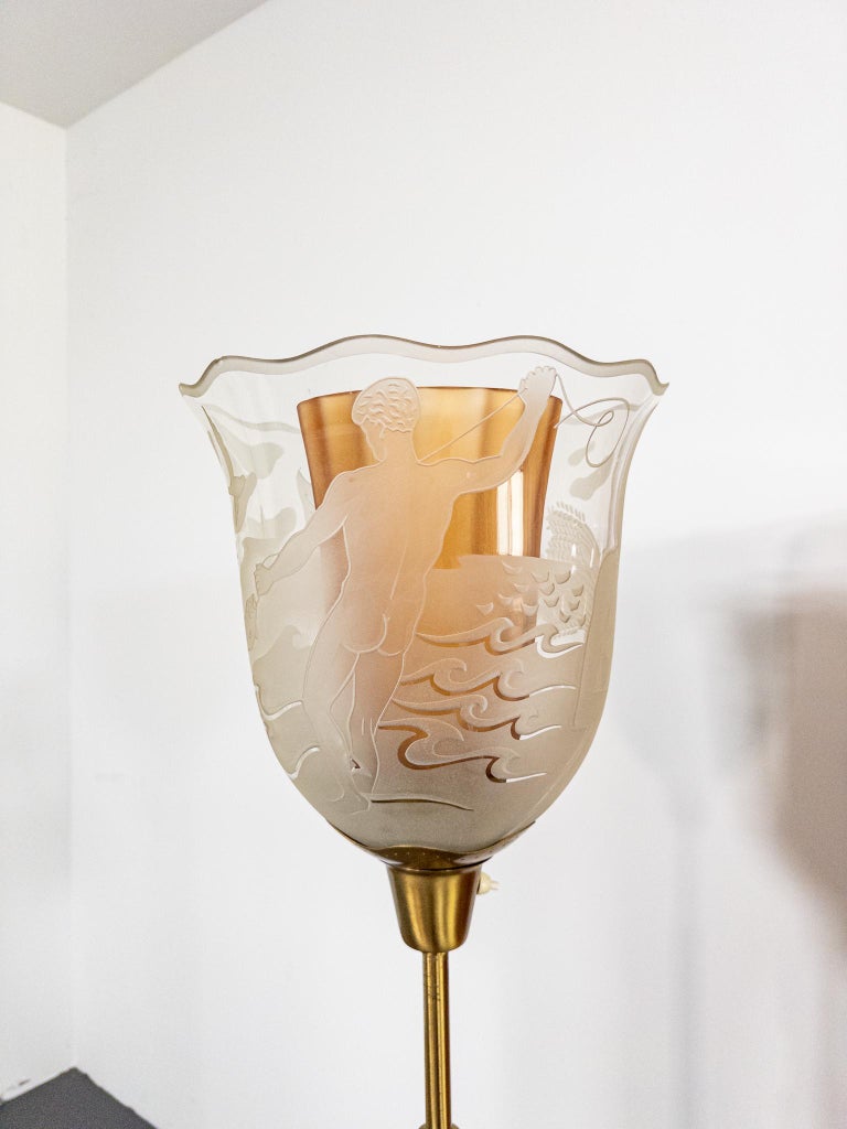 Bo Notini for Glössner – Etched Glass and Brass Floor Lamp, Sweden, c. 1940s