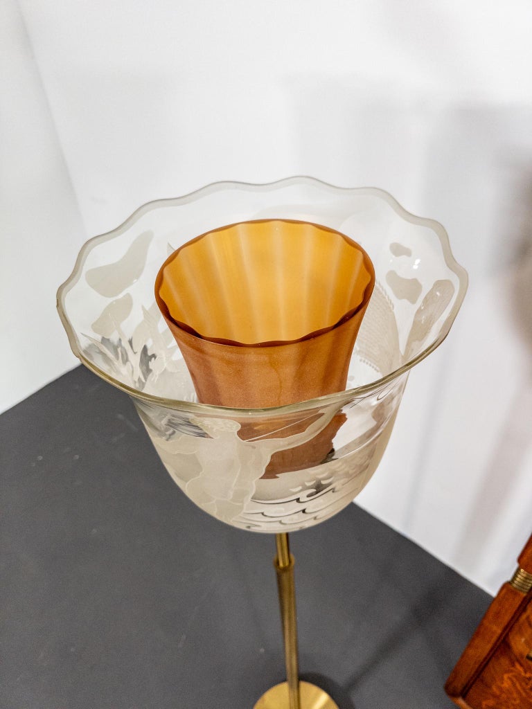 Bo Notini for Glössner – Etched Glass and Brass Floor Lamp, Sweden, c. 1940s