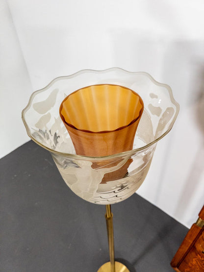 Bo Notini for Glössner – Etched Glass and Brass Floor Lamp, Sweden, c. 1940s