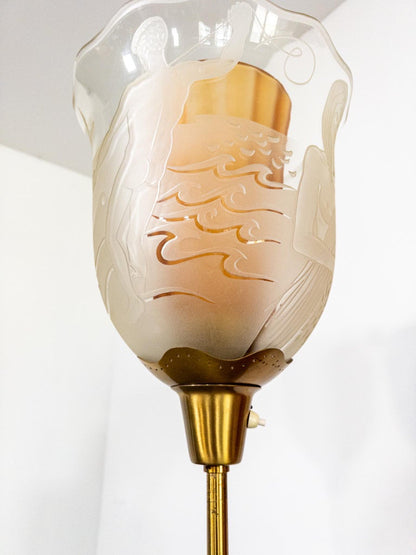 Bo Notini for Glössner – Etched Glass and Brass Floor Lamp, Sweden, c. 1940s