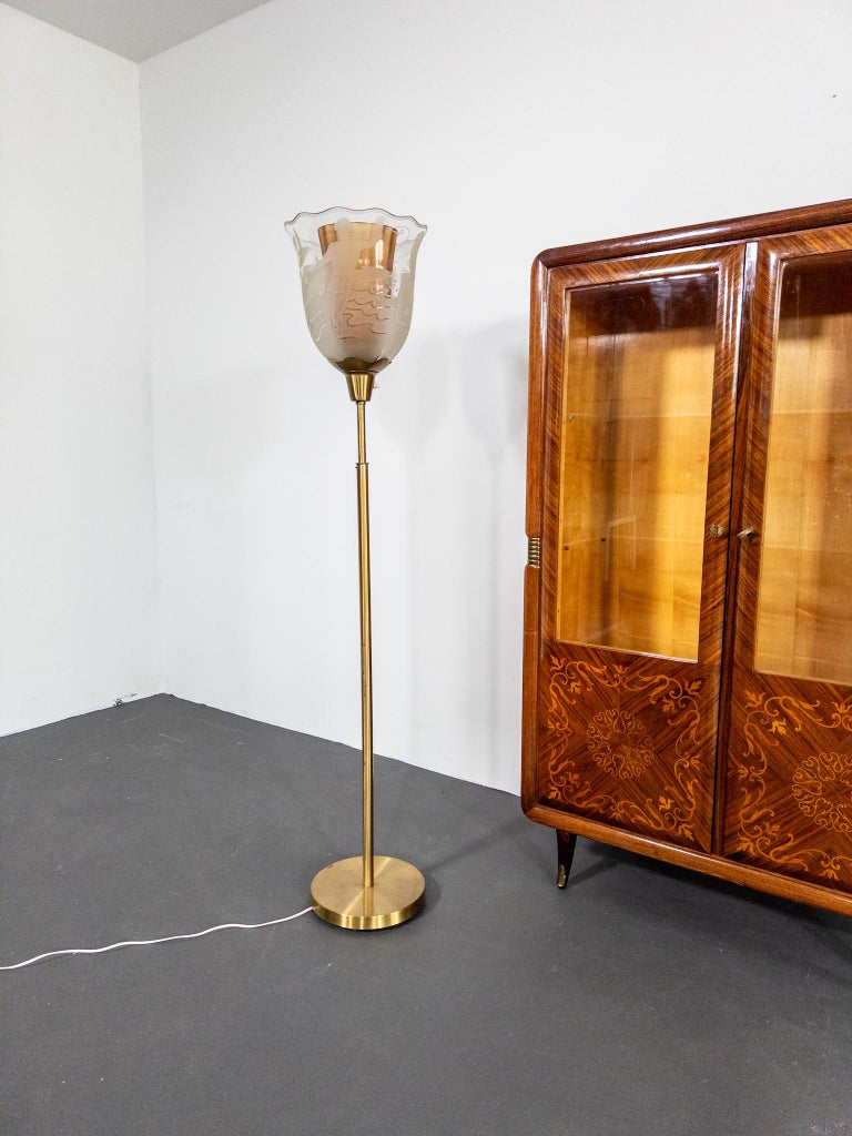 Bo Notini for Glössner – Etched Glass and Brass Floor Lamp, Sweden, c. 1940s