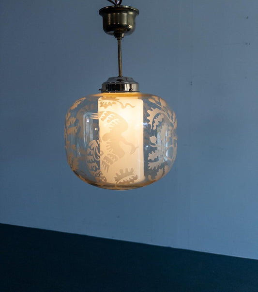 Attributed to Arvid Böhlmarks Lampfabrik – Etched Glass “Bird & Oak” Pendant
