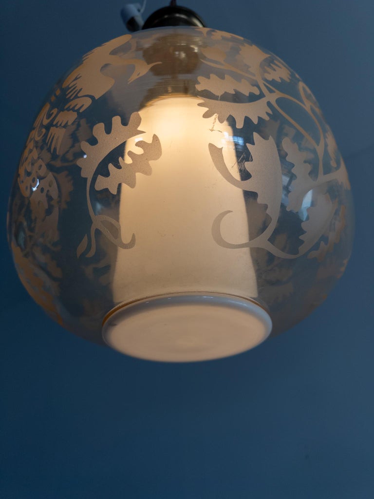 Attributed to Arvid Böhlmarks Lampfabrik – Etched Glass “Bird & Oak” Pendant