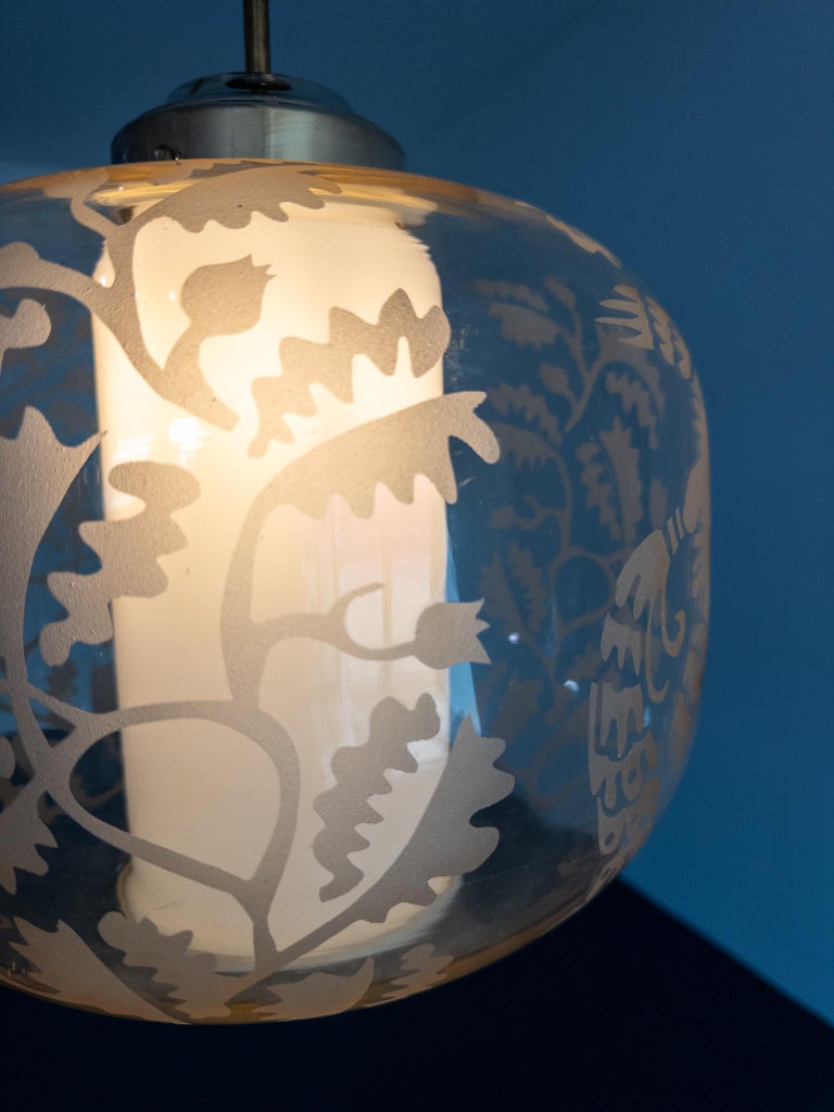 Attributed to Arvid Böhlmarks Lampfabrik – Etched Glass “Bird & Oak” Pendant
