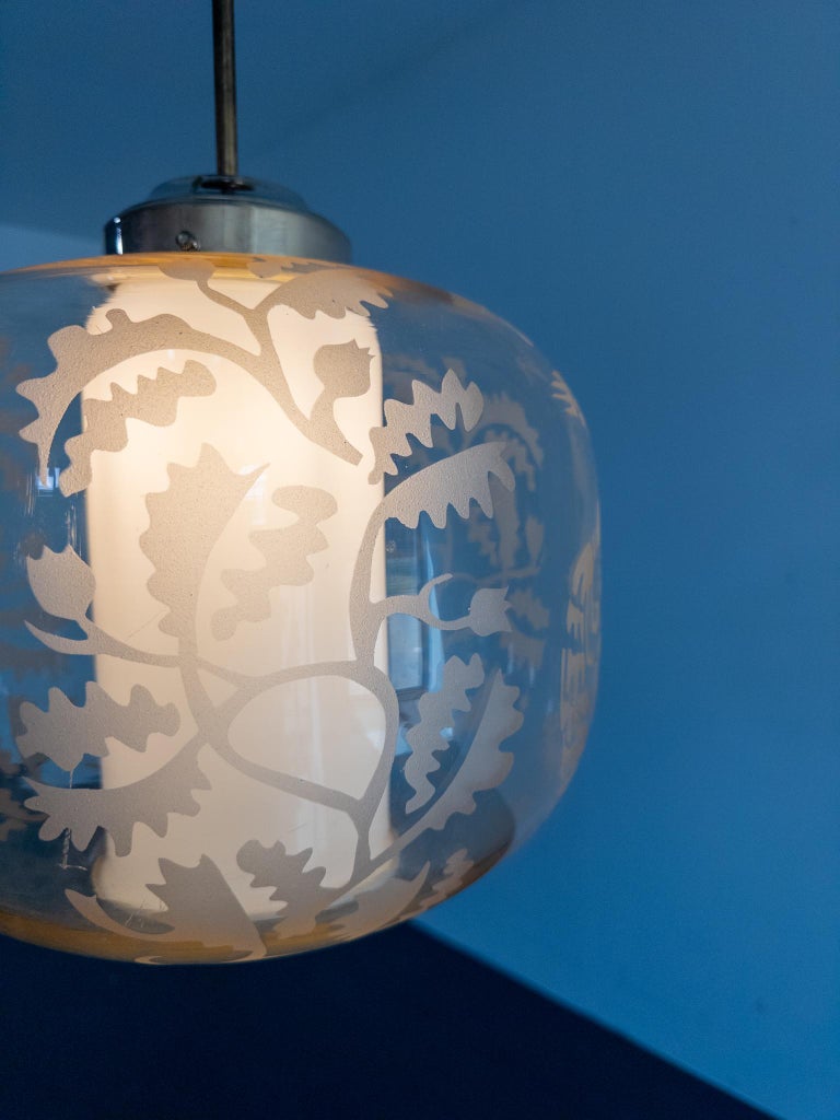 Attributed to Arvid Böhlmarks Lampfabrik – Etched Glass “Bird & Oak” Pendant