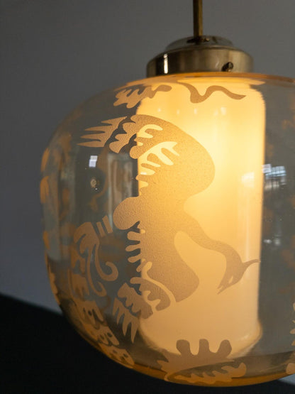 Attributed to Arvid Böhlmarks Lampfabrik – Etched Glass “Bird & Oak” Pendant