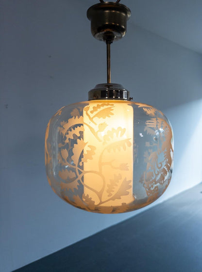 Attributed to Arvid Böhlmarks Lampfabrik – Etched Glass “Bird & Oak” Pendant
