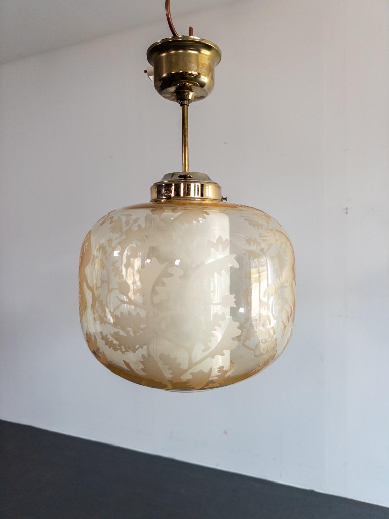 Attributed to Arvid Böhlmarks Lampfabrik – Etched Glass “Bird & Oak” Pendant