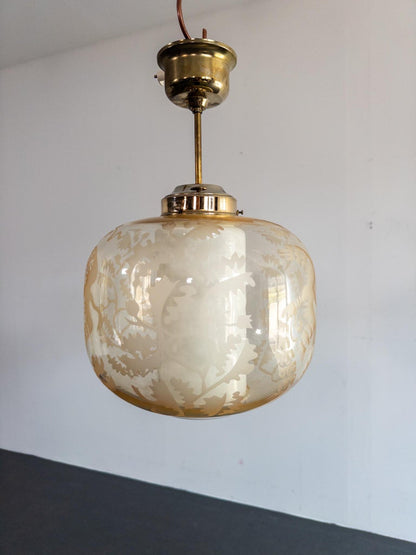 Attributed to Arvid Böhlmarks Lampfabrik – Etched Glass “Bird & Oak” Pendant