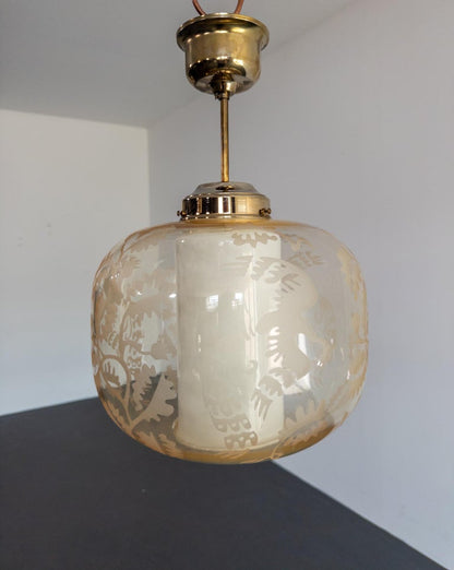 Attributed to Arvid Böhlmarks Lampfabrik – Etched Glass “Bird & Oak” Pendant