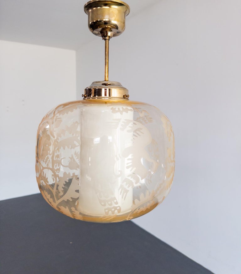 Attributed to Arvid Böhlmarks Lampfabrik – Etched Glass “Bird & Oak” Pendant
