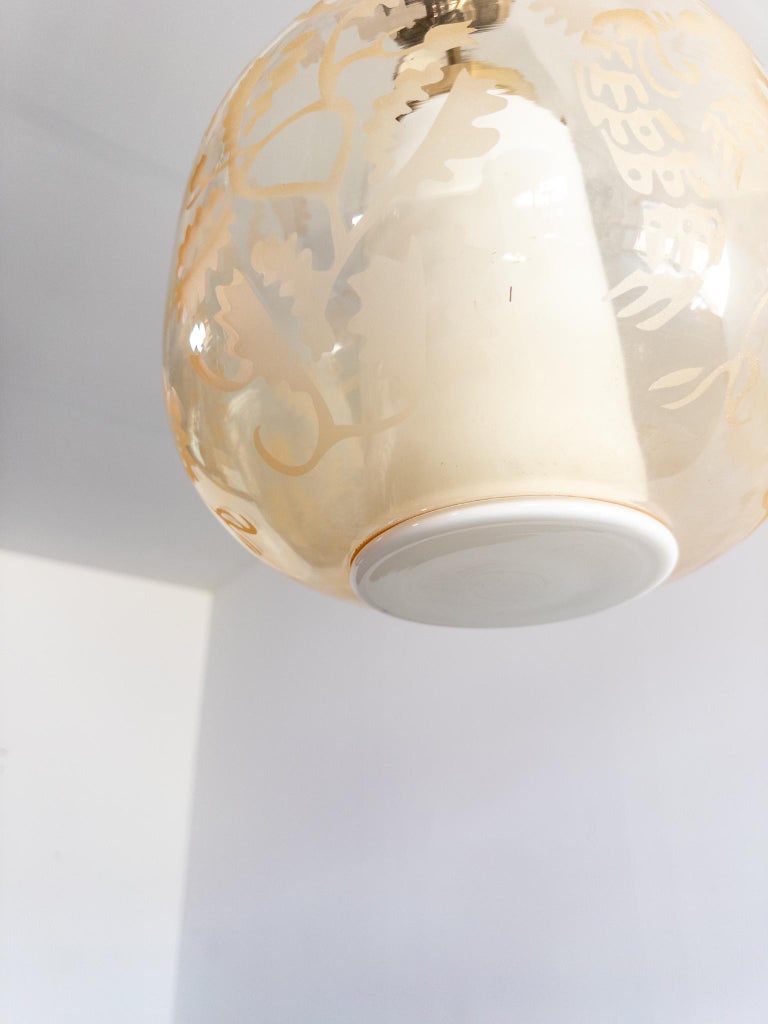 Attributed to Arvid Böhlmarks Lampfabrik – Etched Glass “Bird & Oak” Pendant