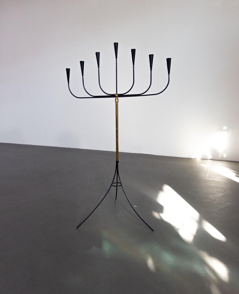 Swedish Floor Candelabra for Seven Candles, Wrought Iron & Brass, 1950s