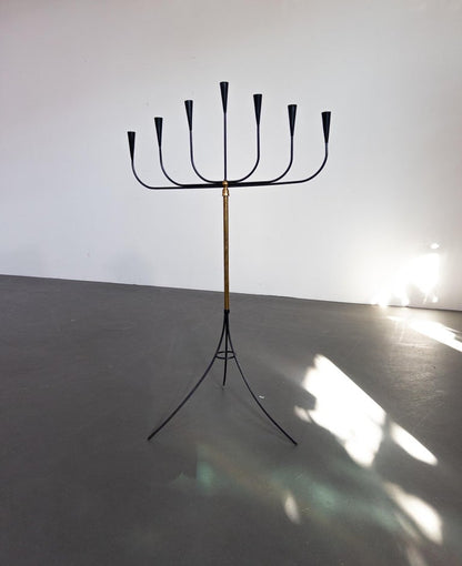 Swedish Floor Candelabra for Seven Candles, Wrought Iron & Brass, 1950s