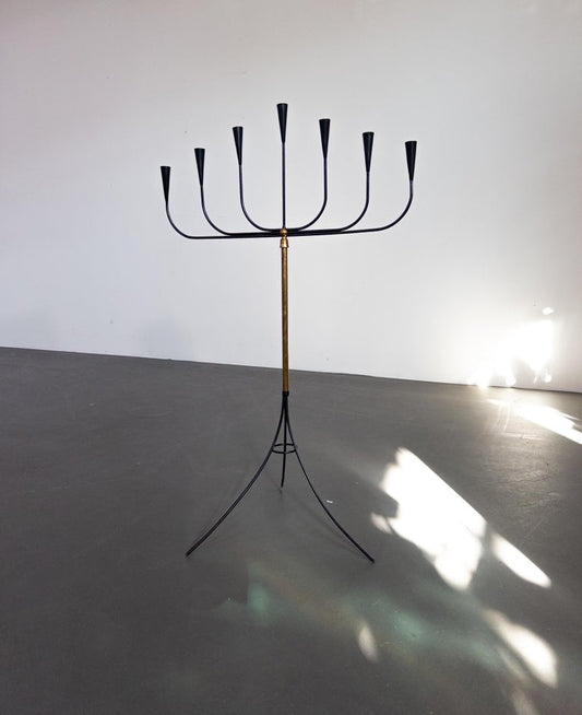 Swedish Floor Candelabra for Seven Candles, Wrought Iron & Brass, 1950s