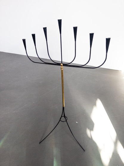 Swedish Floor Candelabra for Seven Candles, Wrought Iron & Brass, 1950s