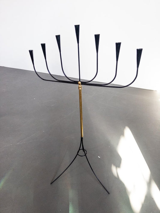 Swedish Floor Candelabra for Seven Candles, Wrought Iron & Brass, 1950s