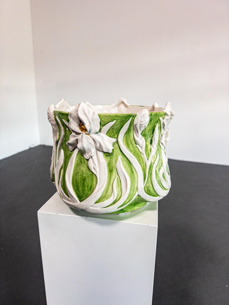 Italian Mid-Century Majolica Cachepot with Iris Relief, c. 1950s–70s