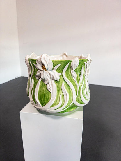 Italian Mid-Century Majolica Cachepot with Iris Relief, c. 1950s–70s