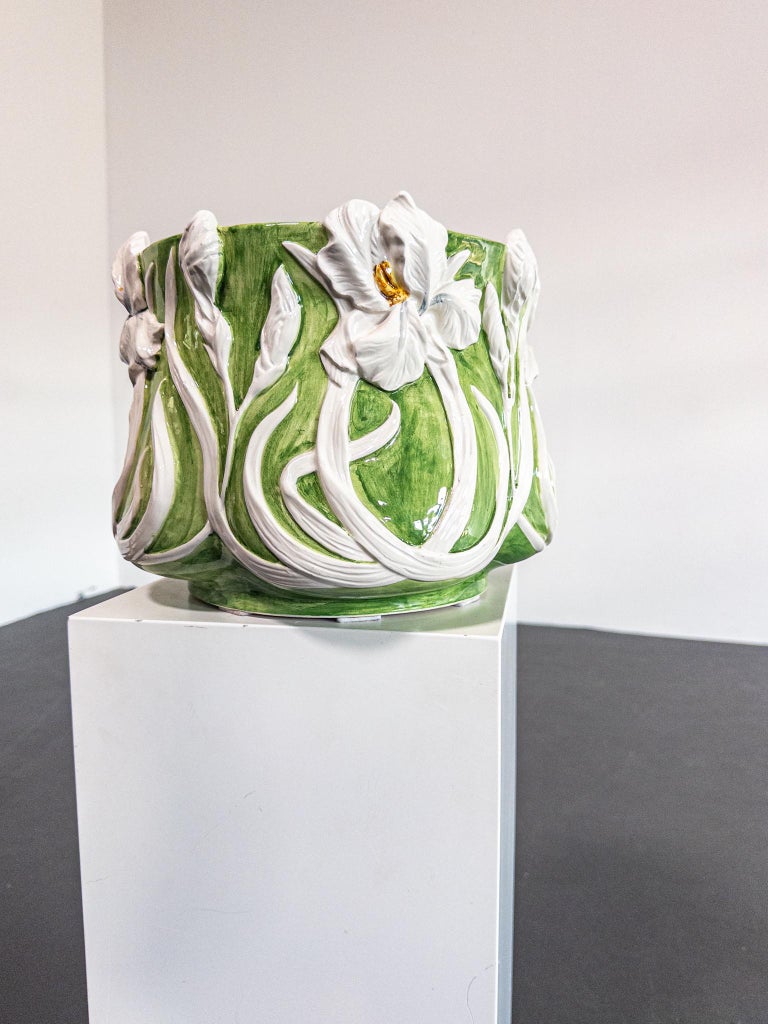 Italian Mid-Century Majolica Cachepot with Iris Relief, c. 1950s–70s