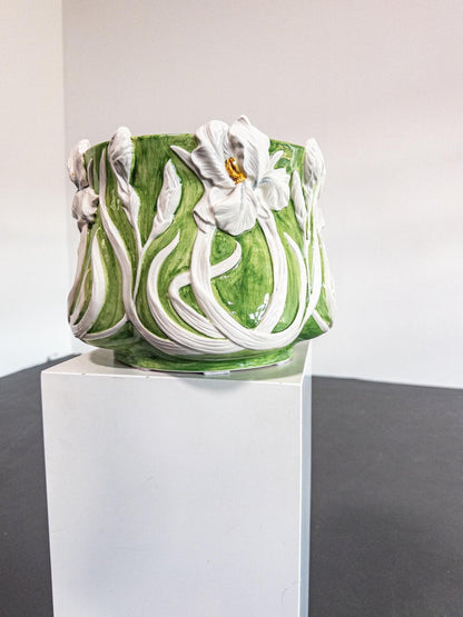 Italian Mid-Century Majolica Cachepot with Iris Relief, c. 1950s–70s