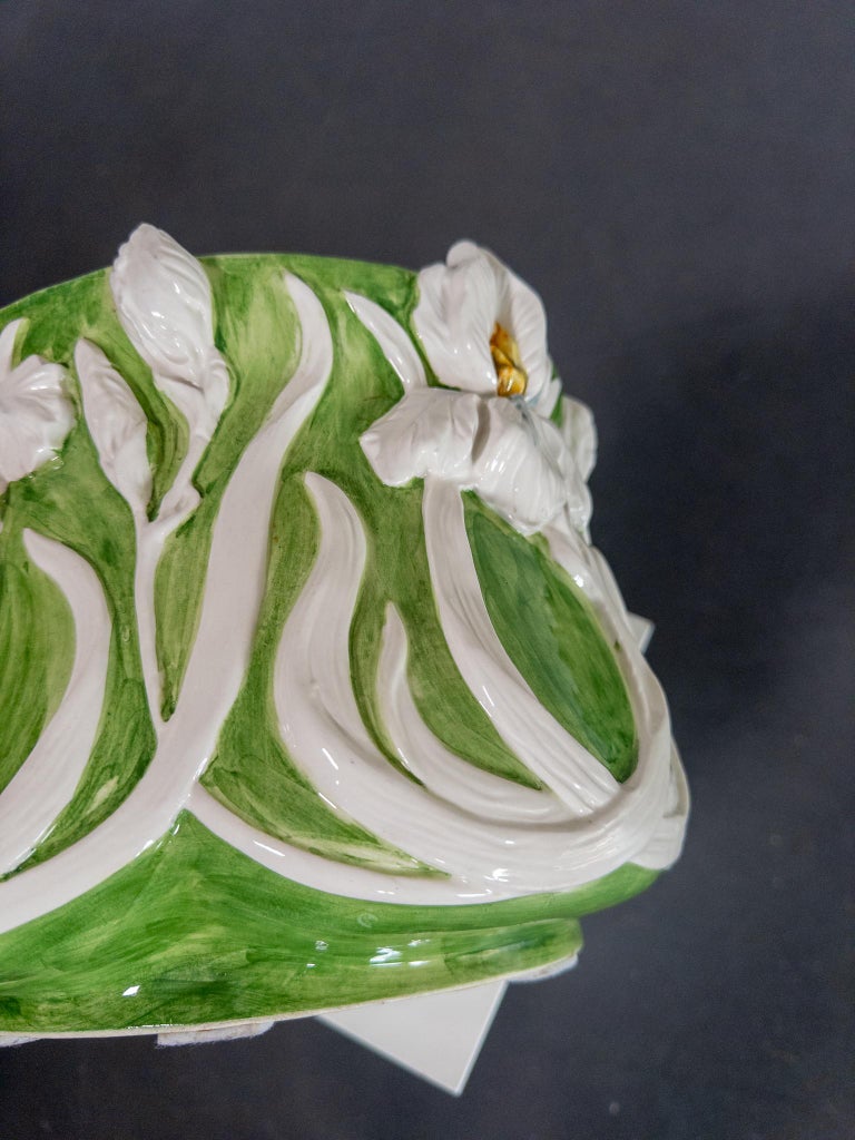 Italian Mid-Century Majolica Cachepot with Iris Relief, c. 1950s–70s