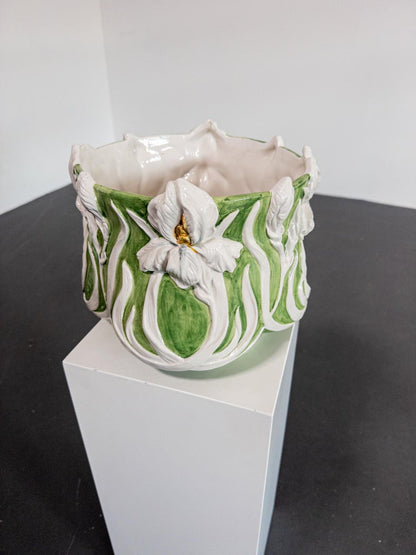 Italian Mid-Century Majolica Cachepot with Iris Relief, c. 1950s–70s