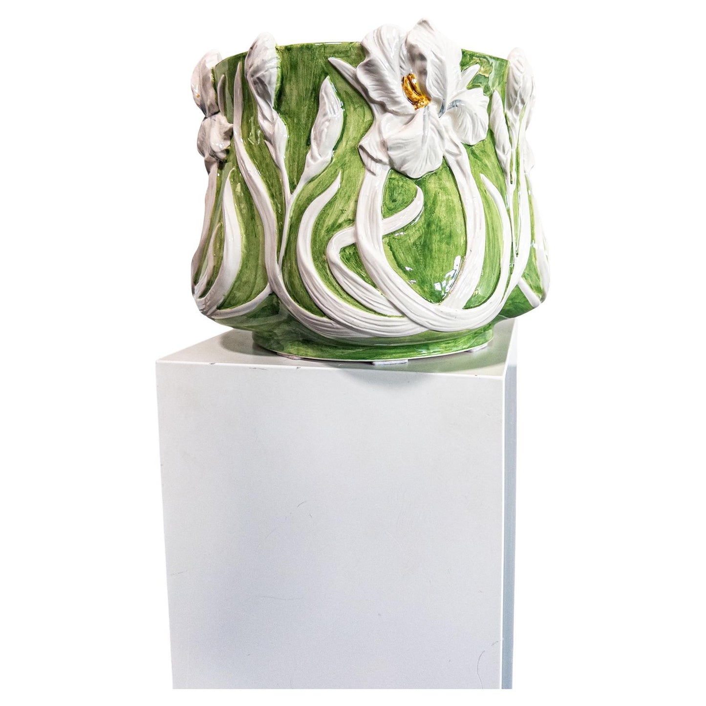 Italian Mid-Century Majolica Cachepot with Iris Relief, c. 1950s–70s